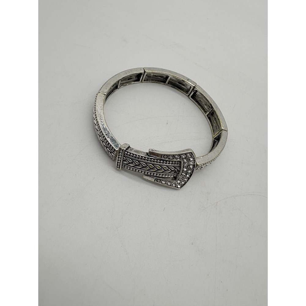 Silver Tone Western Belt Buckle Stretch Bracelet Rhinestone Chevron‎ Pattern
